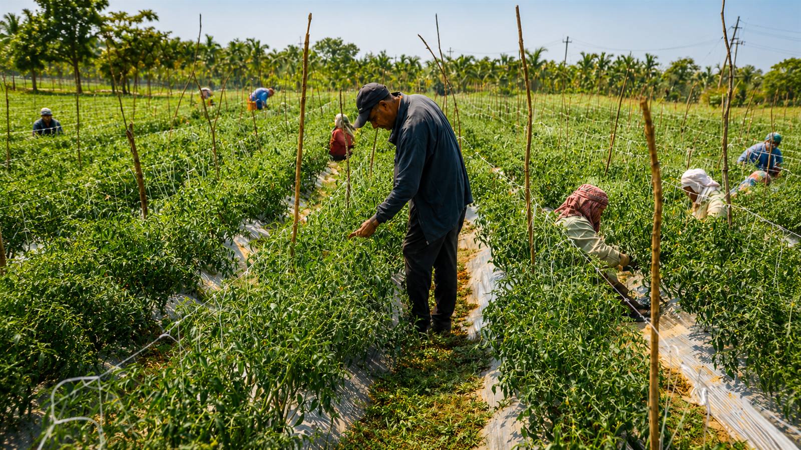Field team inspecting hybrid chilli crop rows