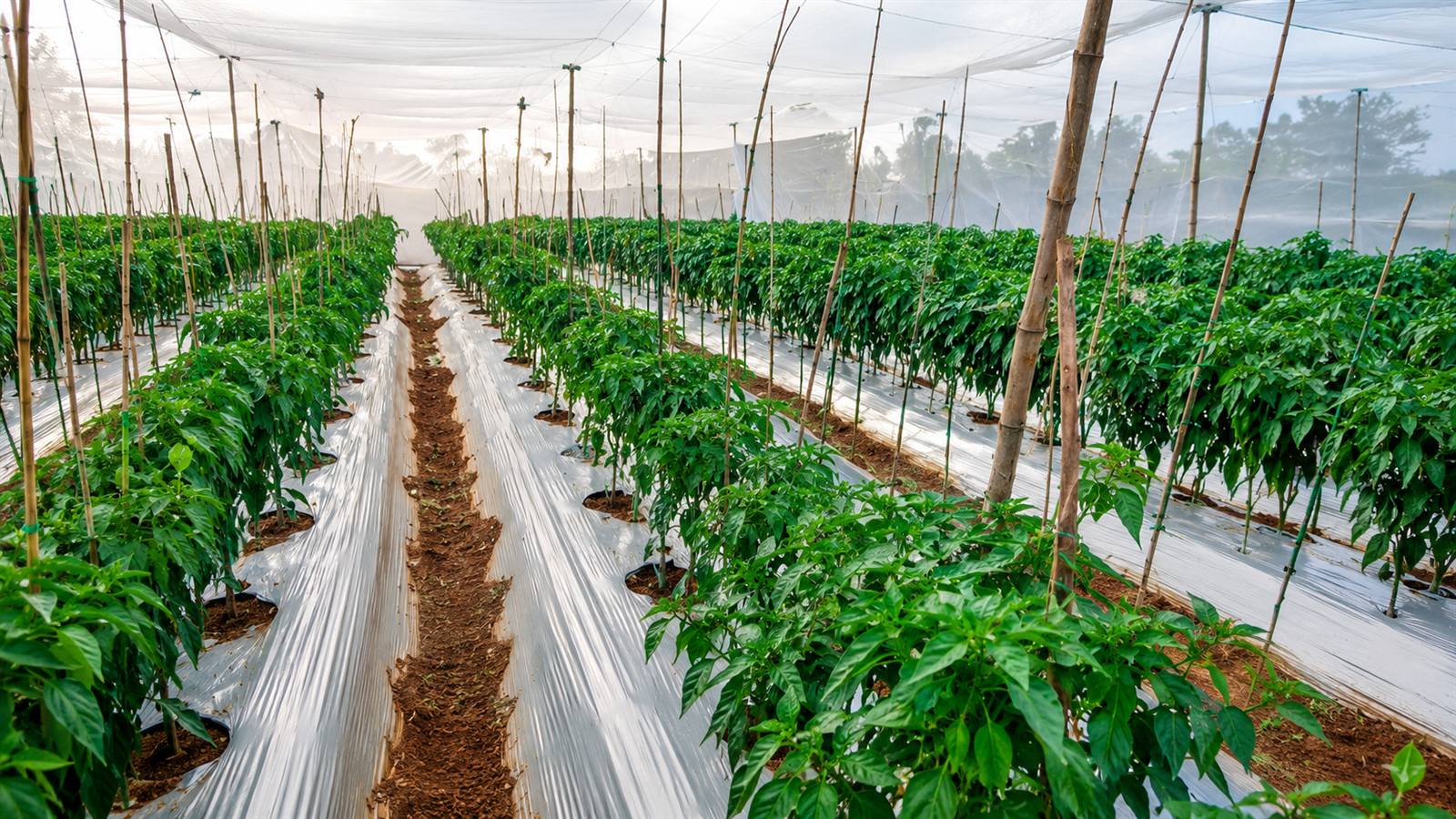 Chilli plants in staked rows under a net house