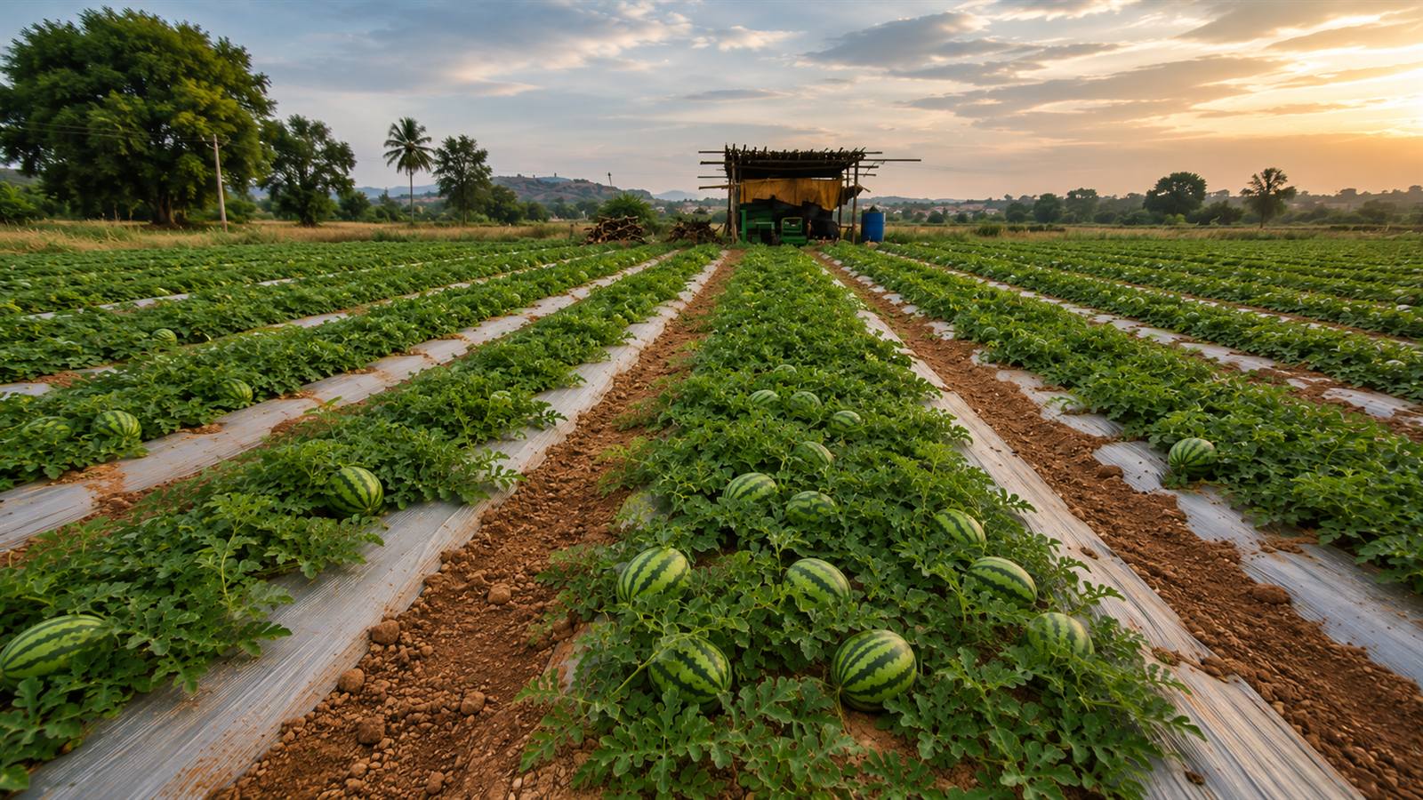 Hybrid watermelon crop rows on mulch beds